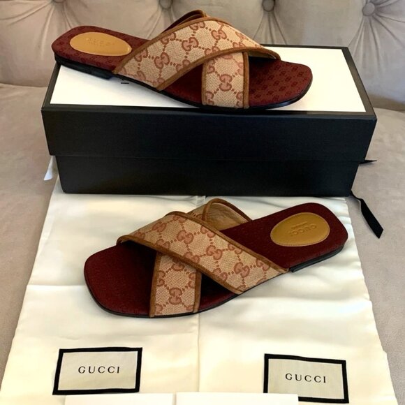 Gucci Women GG Logo Cross Strap Canvas Slide Sandal, Beige Tan, Sz 39.5 NIB $620 - Picture 1 of 11